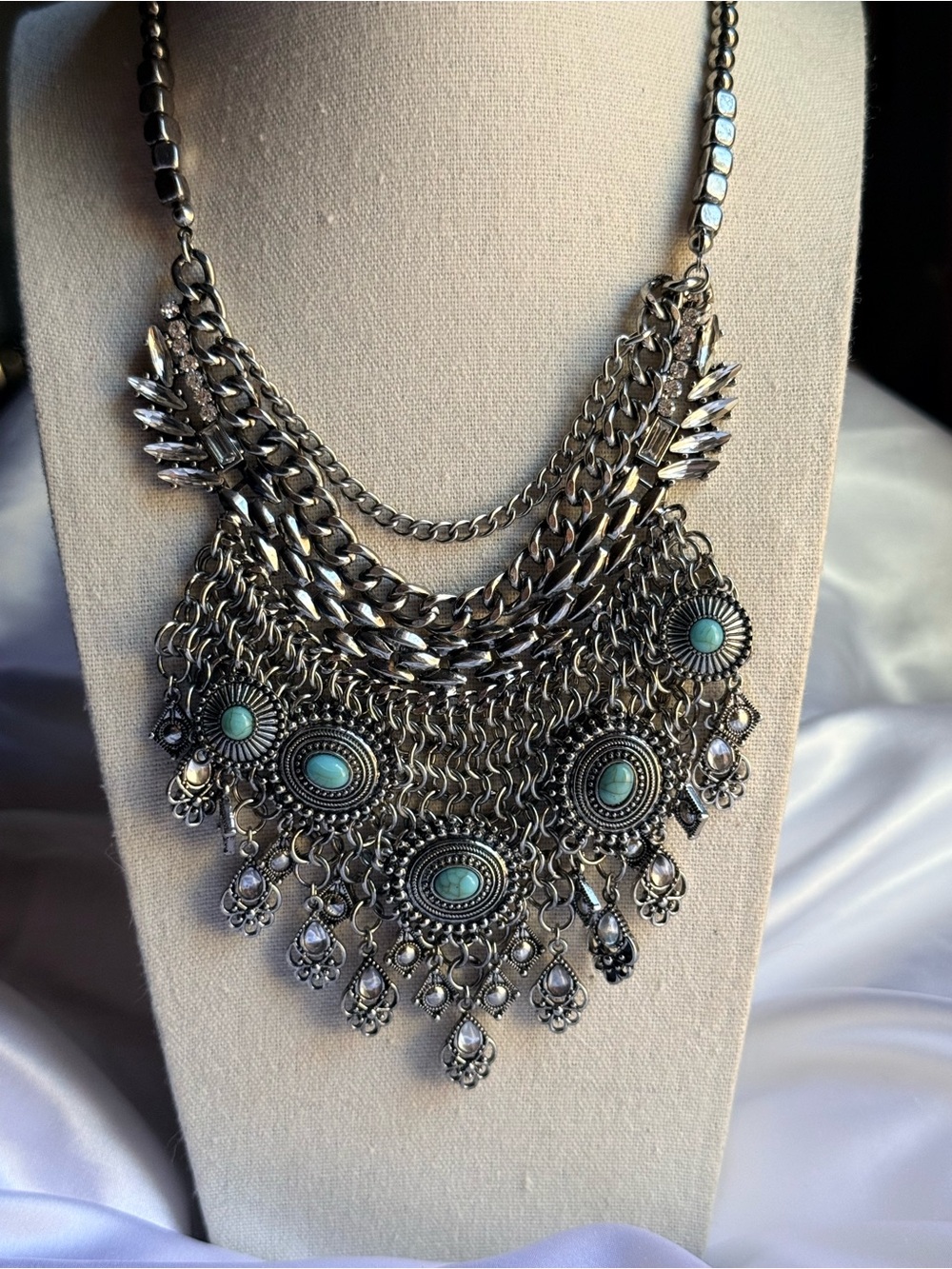 Express Boho Turquoise Statement Bib Necklace - Silver Tone